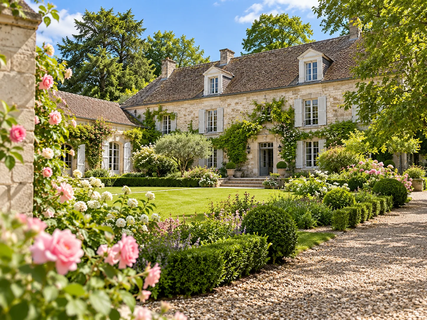 Demeure en pierre et jardin paysager fleuri présentés dans une photographie d'illustration