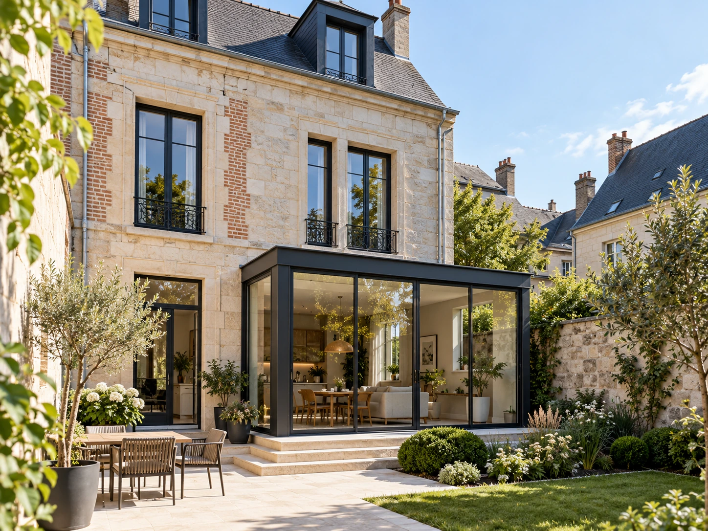 Maison ancienne en pierre et brique avec extension contemporaine vitrée et jardin soigné